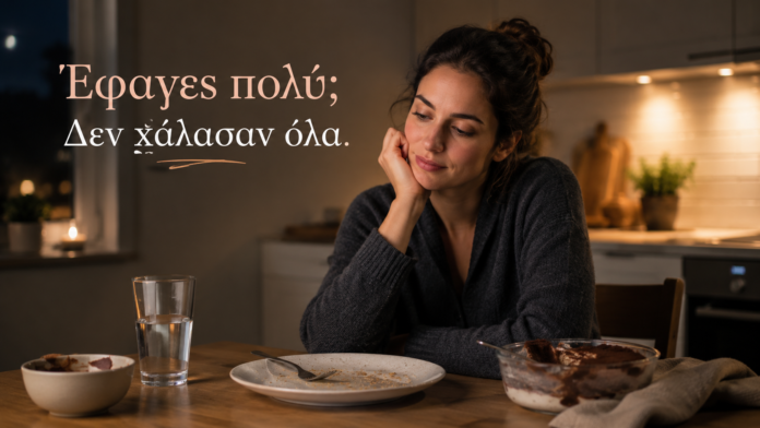 Έφαγες πολύ; Δεν χάλασαν όλα! Γυναίκα στην κουζίνα μετά από υπερφαγία, με το μήνυμα ότι ένα μεγάλο γεύμα δεν καταστρέφει όλη την προσπάθεια