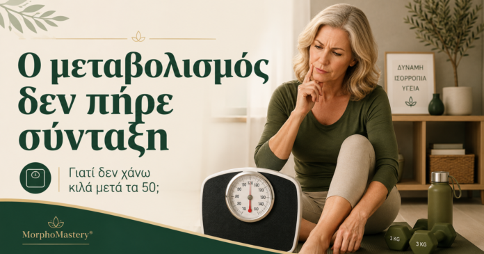Γυναίκα άνω των 50 κοιτάζει τη ζυγαριά με απορία, ενώ σηκώνει μικρά βάρη, ως συμβολισμός του αδυνατίσματος και της διατήρησης μυϊκής μάζας μετά τα 50.