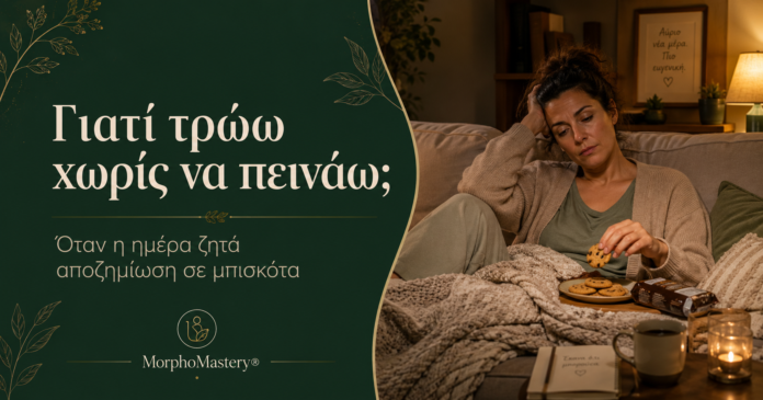 Γυναίκα κουρασμένη στον καναπέ τρώει μπισκότα το βράδυ χωρίς σωματική πείνα, ως συμβολισμός της συναισθηματικής αναζήτησης ανακούφισης.