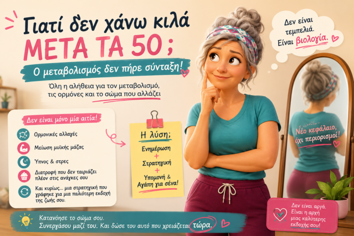 Γυναίκα γύρω στα 50 κοιτάζει με απορία τη μέση του παντελονιού της, ως συμβολισμός της αλλαγής στην κατανομή του κοιλιακού λίπους κατά την εμμηνόπαυση.