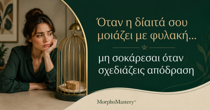 Όταν η στερητική δίαιτα μοιάζει με φυλακή Γυναίκα μπροστά σε ένα λιτό γεύμα κοιτάζει ένα κομμάτι ψωμί έξω από συμβολικά κάγκελα, ως εικόνα της στέρησης στη δίαιτα.