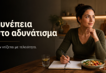 Πώς αποκτώ συνέπεια στο αδυνάτισμα χωρίς να βασίζομαι μόνο στη θέληση; Γυναίκα οργανώνει το πλάνο διατροφής της με ήρεμη αποφασιστικότητα, δείχνοντας ότι η συνέπεια στο αδυνάτισμα χτίζεται χωρίς τελειότητα
