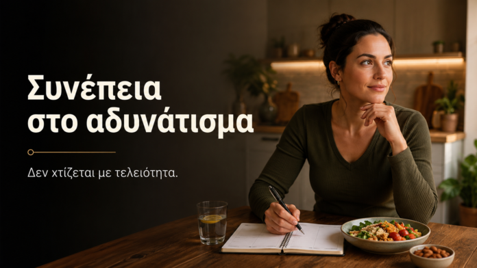 synepeia-sto-adynatisma-den-xtizetai-me-teleiotita Γυναίκα οργανώνει το πλάνο διατροφής της με ήρεμη αποφασιστικότητα, δείχνοντας ότι η συνέπεια στο αδυνάτισμα χτίζεται χωρίς τελειότητα