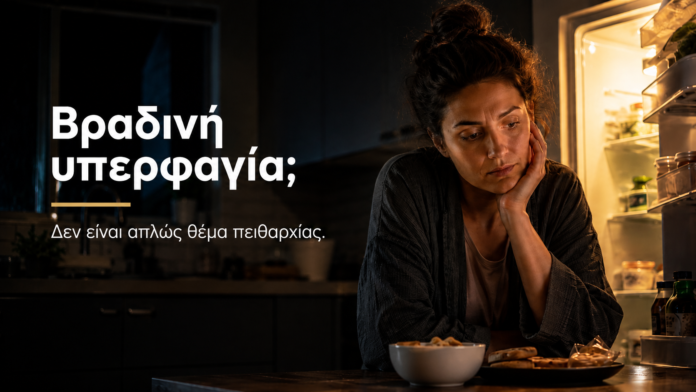 vradini-yperfagia-den-einai-thema-peitharxias.png Γυναίκα μπροστά σε ανοιχτό ψυγείο το βράδυ, προβληματισμένη με τη βραδινή υπερφαγία