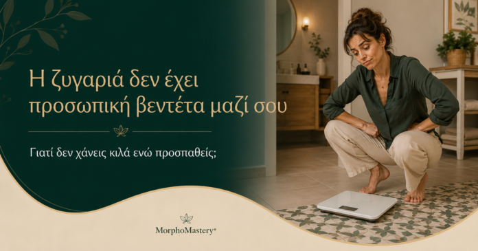 Η ζυγαριά δεν έχει προσωπική βεντέτα μαζί σου Γυναίκα μετακινεί τη ζυγαριά σε διαφορετικό πλακάκι, απογοητευμένη επειδή δεν βλέπει πτώση στο βάρος της.
