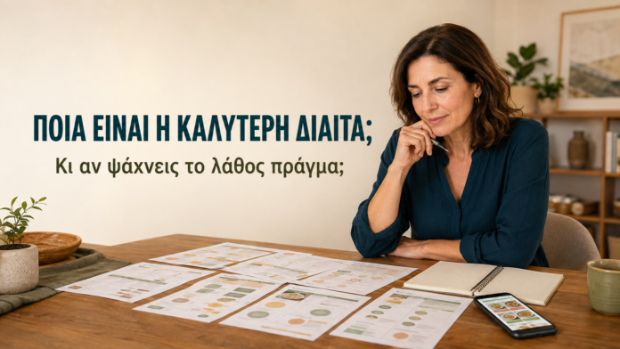 Γυναίκα εξετάζει πολλά διαφορετικά προγράμματα διατροφής αναζητώντας ποια είναι η καλύτερη δίαιτα.