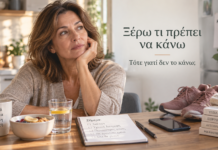 Ξέρω τι πρέπει να κάνω, αλλά δεν το κάνω: Γιατί μπλοκάρω όταν θέλω να αλλάξω; Γυναίκα προβληματισμένη μπροστά σε σημειωματάριο, αθλητικά παπούτσια και υγιεινό γεύμα, με θέμα το μπλοκάρισμα ανάμεσα στη γνώση και στην πράξη