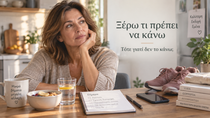 Ξέρω τι πρέπει να κάνω, αλλά δεν το κάνω Γυναίκα προβληματισμένη μπροστά σε σημειωματάριο, αθλητικά παπούτσια και υγιεινό γεύμα, με θέμα το μπλοκάρισμα ανάμεσα στη γνώση και στην πράξη